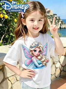 Frozen Elves Pattern, A Cute, Fresh, And Fashionable Disney Girls' Round Neck T-Shirt, 100% Pure Cotton, Is An Ideal Choice For Daily Wear, Holiday Leisure, Outdoor Exploration, Campus Life, And Shopping Trips. It Is Also A Summer Must-Have Item And A Perfect Disney Gift For Both Girls And Boys. - trắng - Xem 1