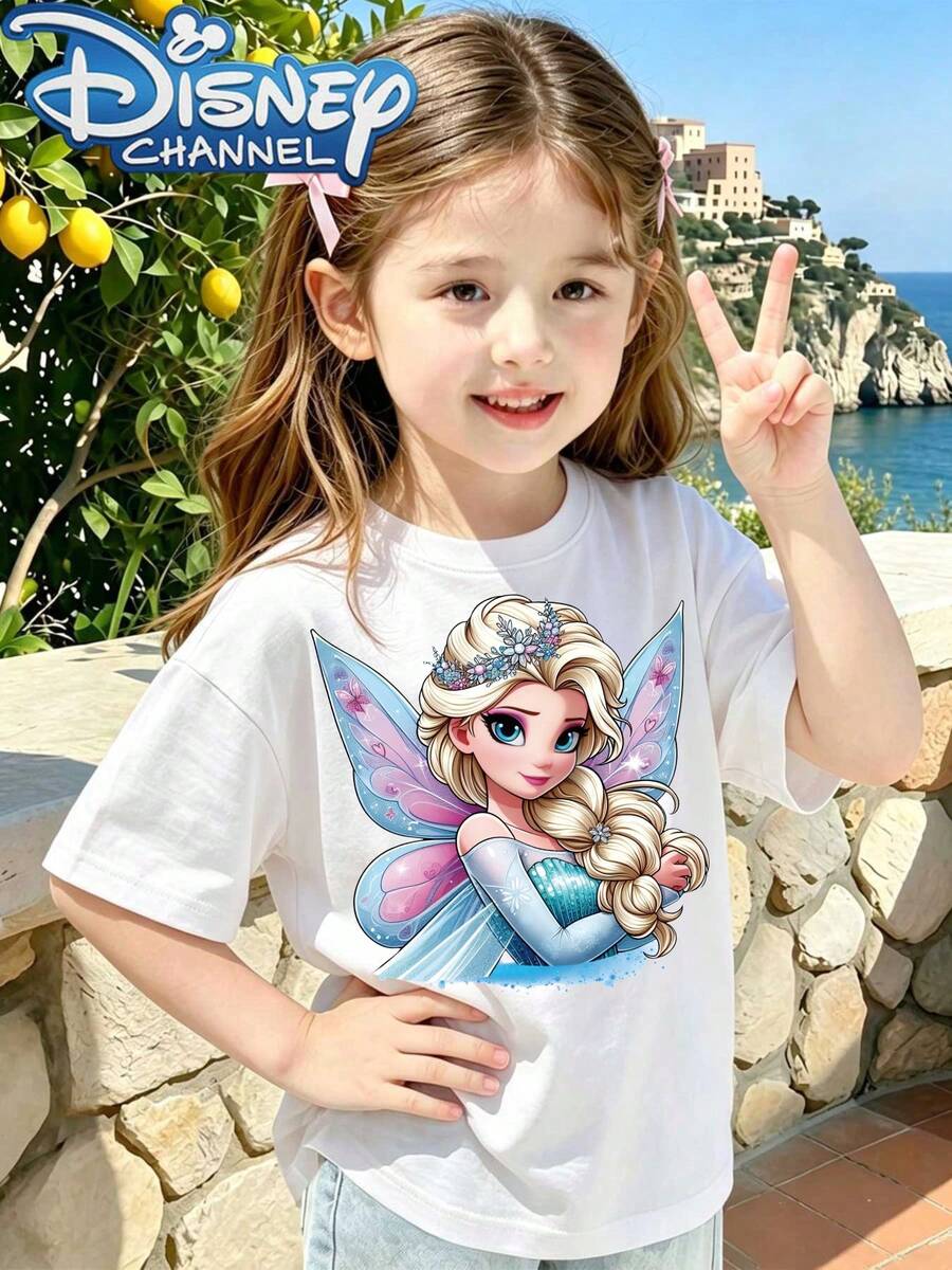 Frozen Elves Pattern, A Cute, Fresh, And Fashionable Disney Girls' Round Neck T-Shirt, 100% Pure Cotton, Is An Ideal Choice For Daily Wear, Holiday Leisure, Outdoor Exploration, Campus Life, And Shopping Trips. It Is Also A Summer Must-Have Item And A Perfect Disney Gift For Both Girls And Boys. - trắng - Xem 1