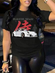 Women's Casual Short Sleeve Crew Neck Graphic Print T-Shirt - 100% Polyester, Lightweight 180gsm, Machine Washable, Black With Red And White Racing Car Print, Spring/Summer Top Y2k T-Shirt Shirt - 白色 - 查看 10