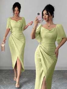 Vestido elegante ajustado con cuello de volantes, mangas de pétalos y hebilla metálica de bloque de color para mujer, primavera/verano - Verde pastel - Ver 4