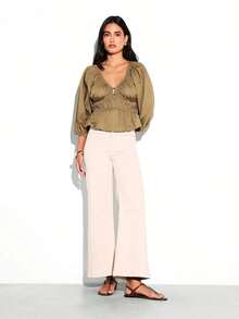 KSTM Blusa de manga larga con cuello en V fruncido, cintura recogida y detalle en el cuello, en estilo casual y elegante para otoño e invierno, color oliva - Verde militar - Ver 3
