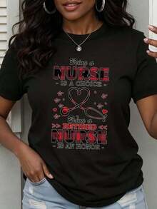 Camiseta de cuello redondo estilo vintage para mujer, diseño de jubilación de enfermera, estampada con texto y patrón de estetoscopio y corazón. Tela suave, cómoda y transpirable, versátil para todas las estaciones. Ropa casual práctica y elegante para mujer, textura suave y adecuada para uso diario, ocio, deportes, vacaciones, atuendo esencial informal. - Negro - Ver 6
