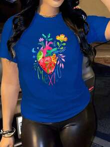 Gift: Soft Cotton T-Shirt For Plus-Size Women With Colorful Mexican Heart Print, Travel Lover Gift, Valentine's Day Outfit,  Summer Dresses, Casual, Perfect For All Seasons, S M L XL - Ideal For Summer. - 藍色的 - 查看 7