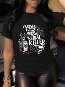 Women's Vintage Casual T-Shirt, Round Neck And Short Sleeves, With Graphic Print "You Awoke My Inner Serial Killer", Suitable For Spring, Summer And Autumn, Black. - Black - View 6