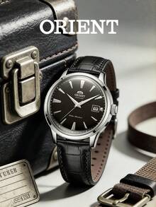 Orient 男士简约自动机械腕表，黑色表盘，日期显示，银色表壳，防水皮表带，商务/办公佩戴 - 黑色 - 查看 4