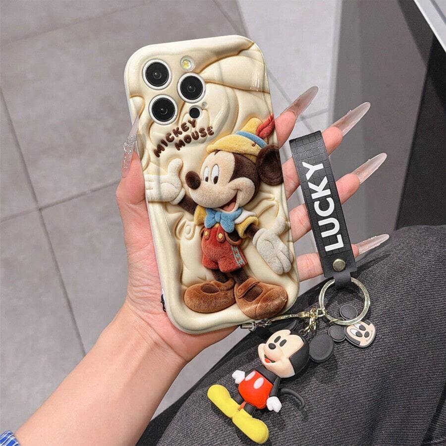 Disney Mickey Mouse Clubhouse Phone Case : 3D Fluffy Pattern Border Protector Phone Soft Phone Case With A Free Cute Mickey Bracelet Chain Lanyard, Mickey, Minnie, Goofy, Donald Duck, Daisy Duck, Pluto, For Apple 17 Promax 17 Pro 16 15 14 13 12 11 Pro Max XS Max X XR Soft Cover Summer Phone Case - 白色 - 查看 1