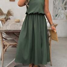 Plus Size LUNE Sleeveless Crew Neck Solid Color Casual Commute Dress, Waisted, Slit Hem, Suitable For Women - Verde - Ver 5