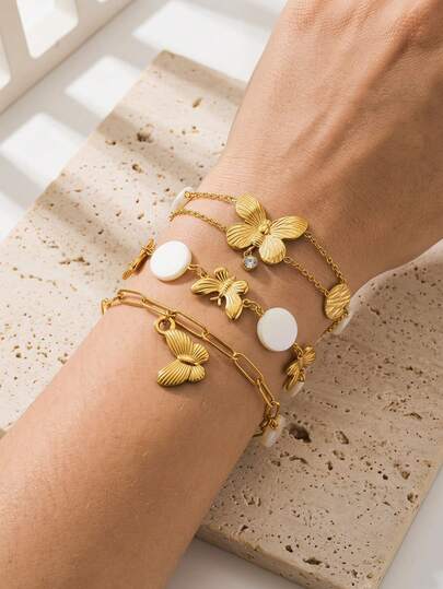 1 pieza Juego de collar y pulsera de acero inoxidable chapado en oro de 18K con colgante de mariposa de abulón de alto color, estilo retro de lujo, adecuado para uso diario, ir al trabajo, citas, vacaciones en la playa, regalo