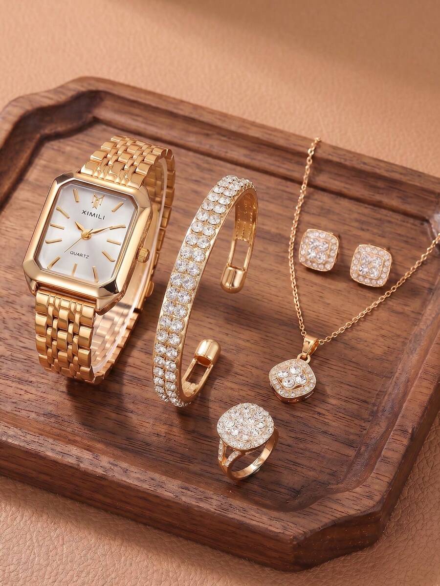 Conjunto de joias femininas em tom dourado com 6 peças, incluindo relógio com mostrador quadrado, pulseira, colar, brincos e anel com cristais. Relógio de pulso elegante com mecanismo de quartzo, presente perfeito para o Dia dos Namorados e aniversários. - Caixa para relógio feminino - Ver 1