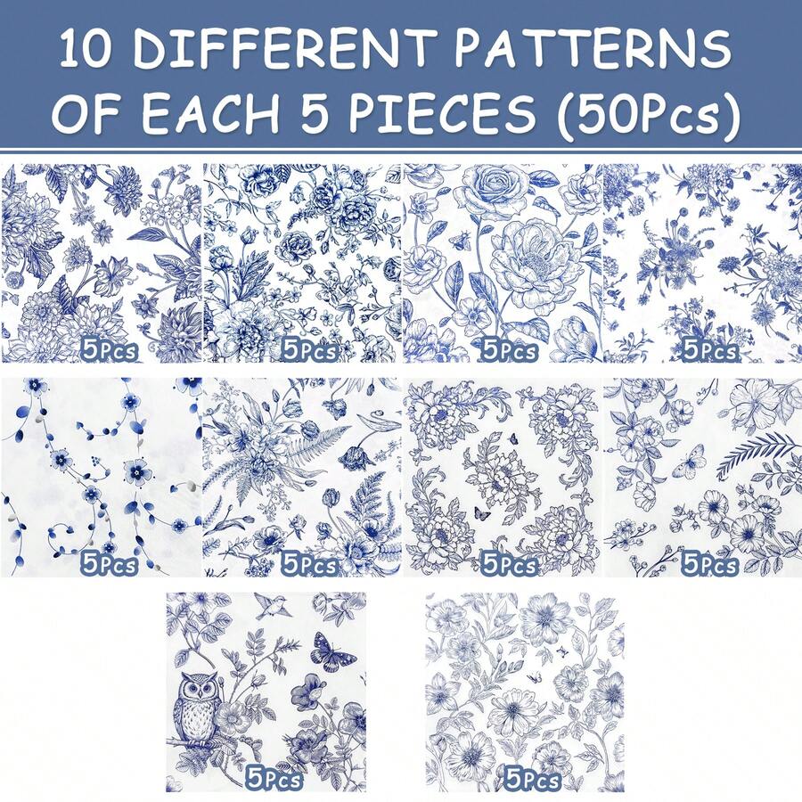 50 Stück Einweg-Servietten 13 * 13 Zoll mit blau-weißem Blumenmuster, 10 verschiedene Muster und jeweils 5 Blätter. Geeignet für Geburtstage, Hochzeitsfeiern, Vintage-Themen, Nachmittagstee, Picknicks und Restaurantdekoration