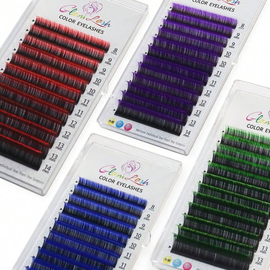 Glamlash 12排渐变蓝红紫绿棕假睫毛,0.07 C/D卷度,8-14毫米,混合白橙白蓝,单根彩色假睫毛,酷炫多彩假睫毛,适合度假旅行派对睫毛嫁接 - C/D 混合 - 查看 1