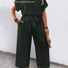 Plus Size Floral Print Button-Down Belted Short Sleeve Jumpsuit, Summer - Verde militar - Ver 1