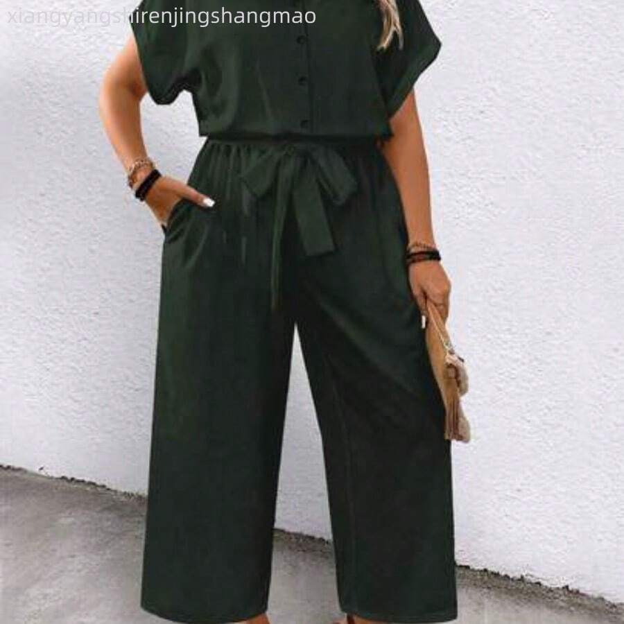 Plus Size Floral Print Button-Down Belted Short Sleeve Jumpsuit, Summer - Verde militar - Ver 1