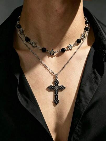 2pcs Gothic Punk Black Faux Pearl Star Necklace, Pentagram & Cross Pendant Necklace, Double Layer Necklace, Suitable For Men