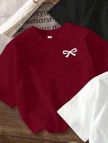 Set de 3 camisetas cortas de mujer de manga corta y cuello redondo con estampados minimalistas casuales de corazón, lazo y fresa - Multicolor 2 - Ver 3
