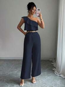 Mono de mujer con diseño casual apropiado para vacaciones de primavera/verano, adecuado para la oficina, el transporte, la playa y la hora del té de la tarde, con tirantes de espagueti, cintura con doble volante y silueta recta y suelta - Azul marino - Ver 4