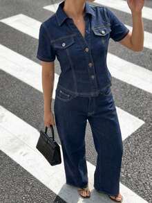 Conjunto de top vaquero de manga corta con botones delanteros y pantalones vaqueros de pierna ancha, casual y de uso diario para verano - Azul lavado oscuro - Ver 6