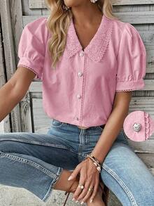 Camisa casual de mujer de manga corta con encaje de contraste - Rosa - Ver 1