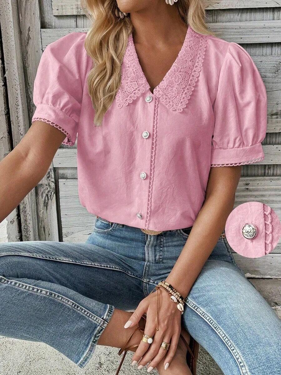 Camisa casual de mujer de manga corta con encaje de contraste - Rosa - Ver 1