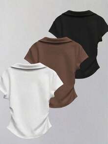Camiseta casual de mujer con cuello polo, manga corta y estampado de corazones en color contrastante - Blanco 3 - Ver 2