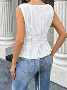 Blusa elegante de tela con pliegues, sin mangas y con cuello ancho, con cinturón en la cintura, para mujer, para primavera/verano - Beis - Ver 2