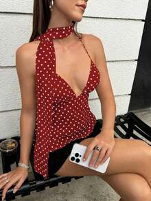 1 pieza Camiseta de tirantes elegante de verano para mujer con estampado de lunares, adecuada para citas y blusas gráficas para mujer - Burdeos - Ver 4