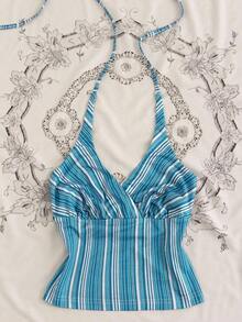 Camiseta de mujer de unicolor con cuello de halter plisado y lazo, versátil para vacaciones y citas - Celeste - Ver 7