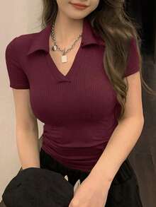 Camiseta polo de manga corta de ajuste ceñido para mujer, unicolor de verano - Burdeos - Ver 6