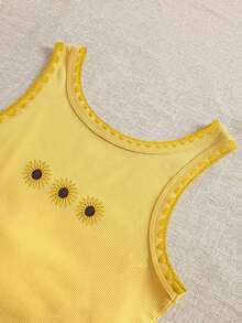 4 piezas Camiseta de mujer con cuello redondo bordada con pimiento picante y limón - Mostaza Amarilla - Ver 4
