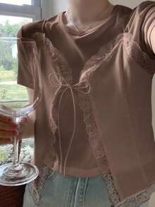 Camiseta de mujer con cuello redondo de manga corta con 2 en 1 y encaje empalmado - Café integral - Ver 6