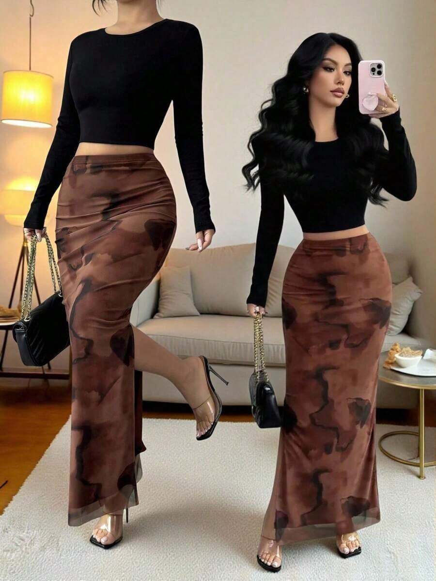 Falda ajustada de malla con estampado de leopardo para mujer, ropa de otoño - Multicolor - Ver 1