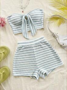 Conjunto informal de 2 piezas de top tubo corto anudado de unicolor y shorts con estampado floral para vacaciones de mujer - Multicolor 7 - Ver 5