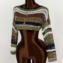 Striped Pattern Drop Shoulder Crop Sweater,Long Sleeve Tops - Multicolor - Ver 4