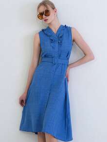 Women's Solid V-Neck Casual Party & Travel Mid-Length Dress - Blue - View 3