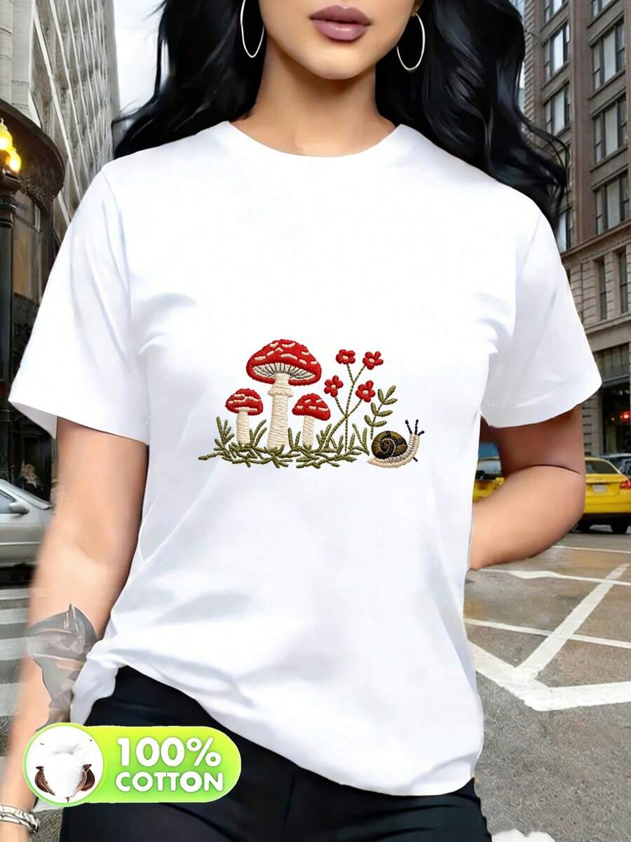 Women's Short Sleeve Printed Cotton T-Shirt, New Fashion 2026, With Mushroom And Flower Patterns, Vivid And Natural, Elegant, Casual, Versatile And Attractive. - 白色 - 查看 1