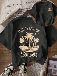 Camiseta Casual de Manga Corta para Mujer - Estampado Gráfico "Forever Chasing Sunsets", Corte Holgado, Cuello Redondo, Elasticidad Media, Comodidad para Todas las Temporadas, con Diseño de Palmera, Perfecta para Estilo de Playa o Vacaciones, Camiseta de Playa Y2k. - Negro - Ver 10