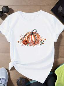 Camiseta deportiva de manga corta para mujer de talla grande con ilustración de calabaza inspirada en la moda - Ligera - Blanco - Ver 12