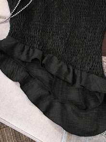 Conjunto de 2 piezas de top elegante con volantes asimétricos en el bajo y pantalones para mujer - Negro - Ver 2