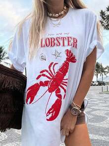 Camiseta Casual Premium para Mujer con Estampado Gráfico de Criatura Marina "You Are My Lobster", Estilo Vintage, Oversize, Manga Corta, Cuello Redondo, Estética Y2K, Ropa Urbana para Parejas en la Playa, Ligera, Transpirable y Cómoda para Uso Diario, Ideal para Vacaciones en la Playa, Escapadas al Mar, Vacaciones de Verano, Fiestas en la Piscina, Salidas Románticas a la , Celebraciones de Aniversario, Regalo para Parejas y Amantes del Océano, Ecológica. - Blanco - Ver 8