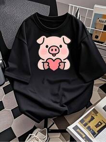 Cute Women's T-Shirt With A Pig Heart Print, Casual Short-Sleeved Crew Neck Tee,  Pig Animal Print For Women, Soft And Comfortable Cotton Blend Fabric For Everyday Wear, Fashionable And Fun Design. 100% Cotton, Cool In Summer - 黑色 - 查看 2