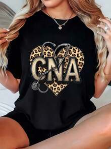 20261pc Camiseta negra con estampado de corazones para mujer CNA, cuello redondo, camiseta casual de algodón, tejido de punto de elasticidad media, corte regular para damas, para primavera/verano/otoño, Día de la Enfermera, Día de la Madre, Día de la Independencia. - Negro - Ver 6