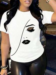 Camiseta de verano para mujeres con estampado de cara sonriente, cuello redondo de manga corta, ideal para playa, fiestas, boda, oficina y casa - Blanco - Ver 1