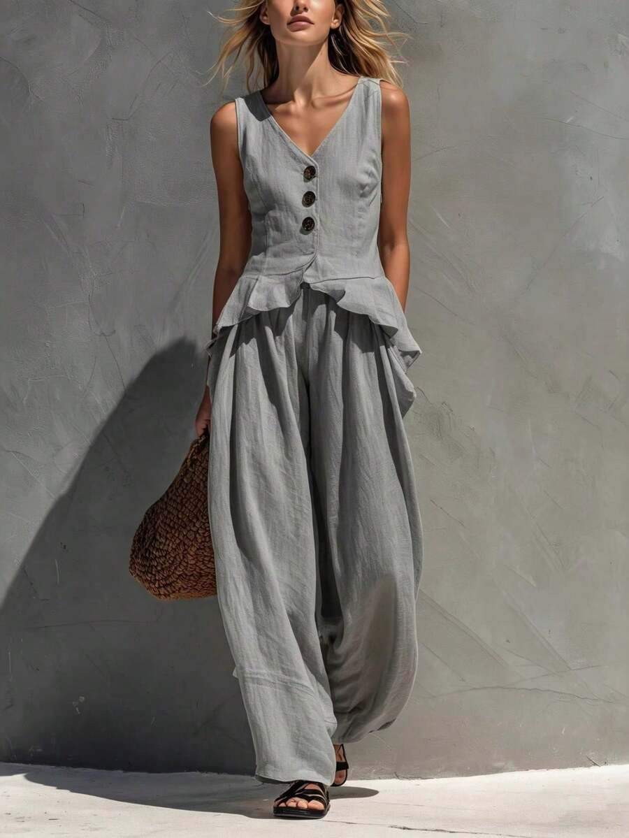 New Linen Set For Spring-Summer, Casual And Office Style, Button-Front Vest With V-Neck, Flattering Design, Perfect For Daytime Looks And Seasonal Transitions - Silver - View 1