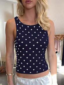 Blusa sin mangas de lunares para mujer, casual, sexy y de moda, adecuada para la calle, fiestas y salir de noche en verano, color blanco - Azul marino - Ver 3
