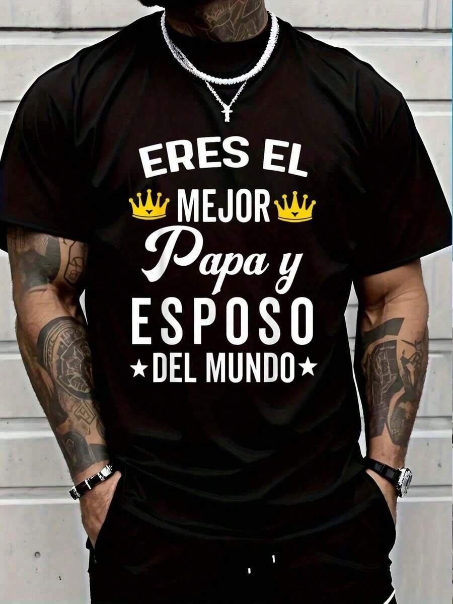 Playera de hombre con cuello redondo, 100% algodón, regalos para papá, camiseta para el Día del Padre, camiseta para el mejor esposo, camiseta de manga corta, camiseta gráfica para hombre y mujer, tops casuales, camiseta gráfica estampada para hombre y mujer. - Negro - Ver 1