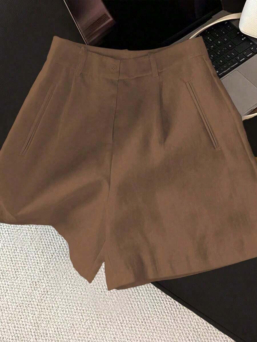 casuales blancos de talle alto y holgados para mujer, shorts anchos estilizadores - Marrón - Ver 1