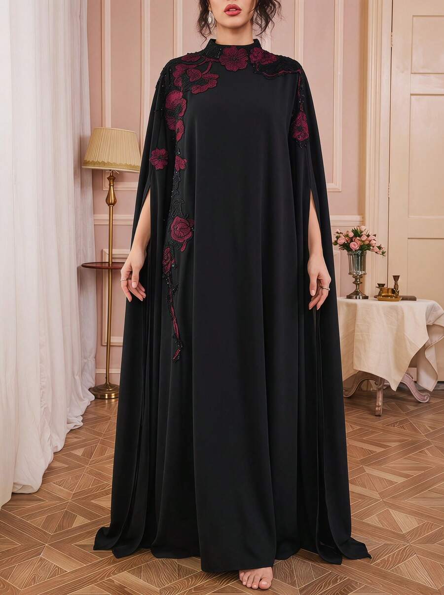Solessence Áo Abaya dài màu đen thanh lịch, tay lửng kiểu cánh dơi, cổ đứng, chất liệu vải dệt với họa tiết hoa tinh tế, thích hợp cho mùa xuân. - màu đen - Xem 1