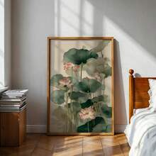 中式风格墙面艺术 莲花海报 水彩莲花帆布画 花卉墙面装饰 帆布艺术画 适用于客厅、卧室、浴室 礼品 无框 - A - 查看 6