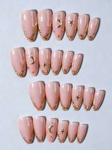 24 uñas postizas de gel 3D de almendra larga hechas a mano, crea varios diseños de arte de uñas como dorado, luna, estrellas, parches franceses dorados, diseño de forma de almendra, se ajusta perfectamente a las uñas acrílicas falsas. El set incluye: 1 gel de gelatina y 1 lima de uñas. Las uñas francesas doradas en forma de almendra harán que tus dedos brillen, perfectas para fiestas, bailes y uso diario. - Dorado - Ver 3