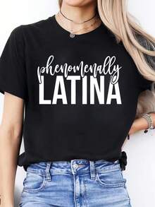 Camiseta Deportiva de Manga Corta con Cuello Redondo y Estampado de Letras Españolas para Mujer, Primavera-Verano - Negro - Ver 6